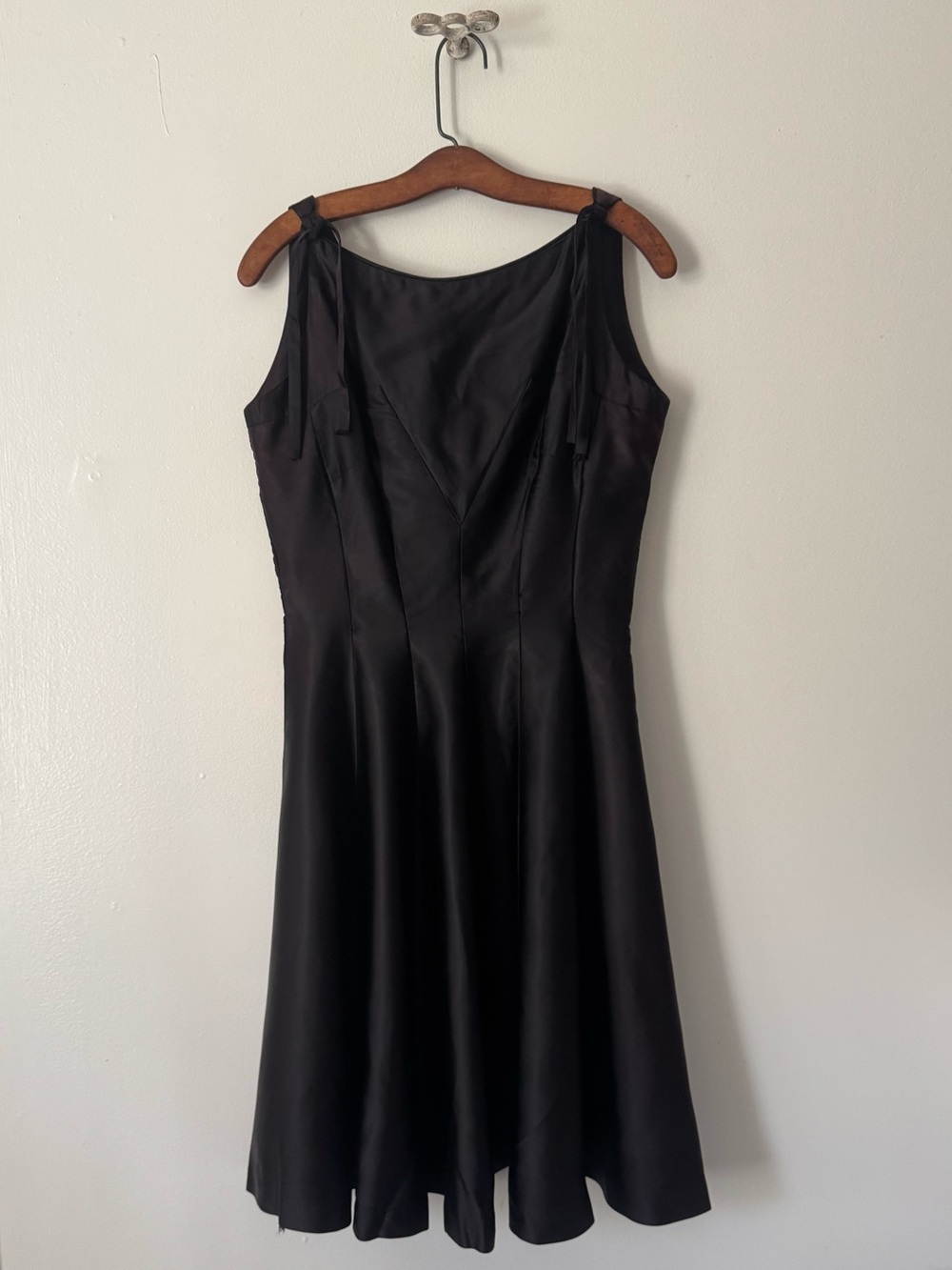 Vintage 50s Black Satin Boatneck Shoulder Tie Cocktail Dress